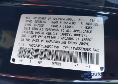 2010 Honda Accord 3.5 Ex-L from USA, damaged, VIN 1HGCP3F83AA000756